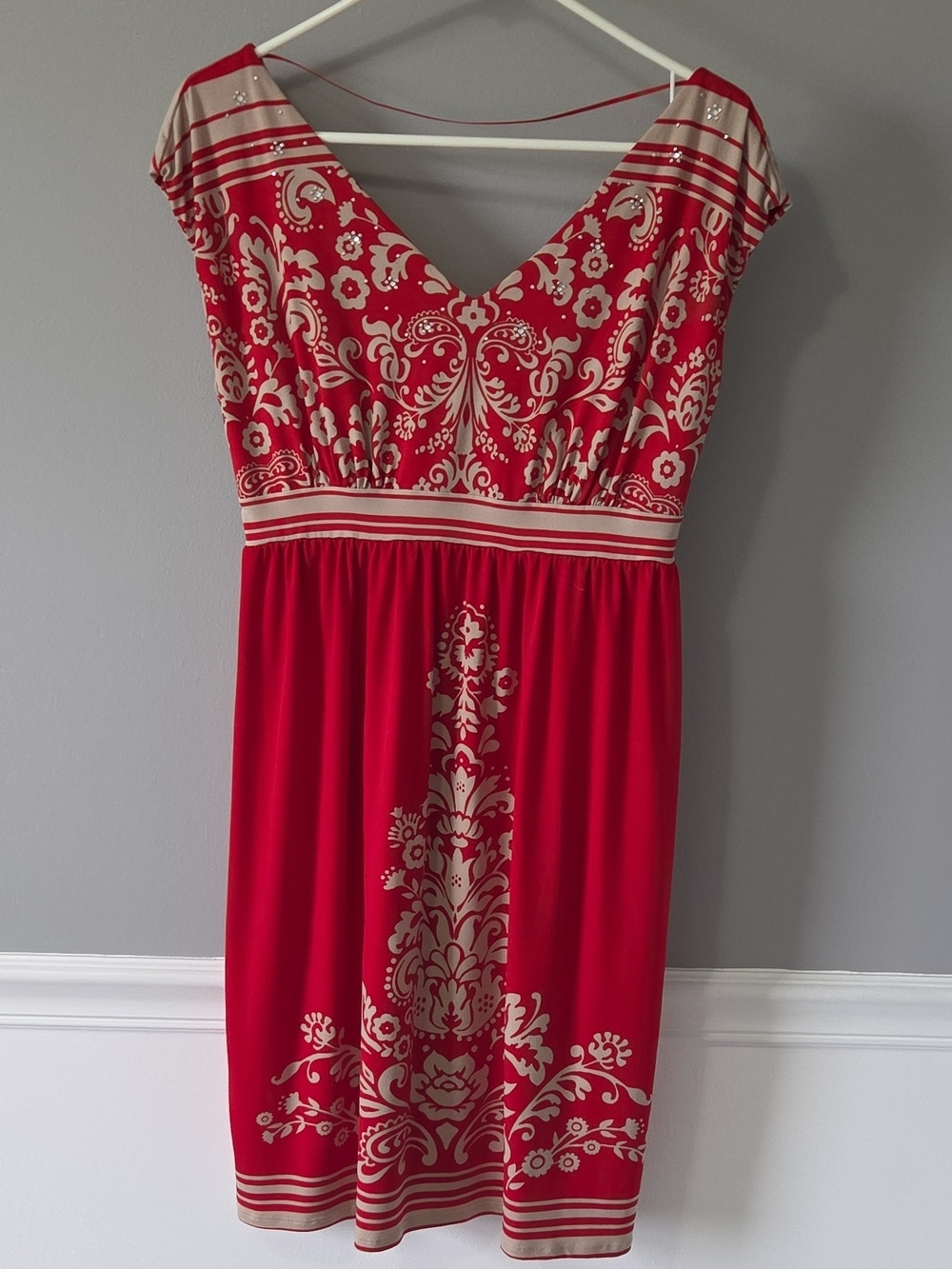 Madison Red Midi Dress with Cream Floral Rhinestone Accents Cap Sleeve S